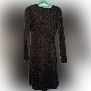 W by Worth Black and Gold Bodycon Cocktail Dress faux wrap plunging size 4